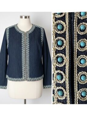 Victor Costa Embroidered Beaded Denim Statement Jacket Boho Western Y2K Sz Large